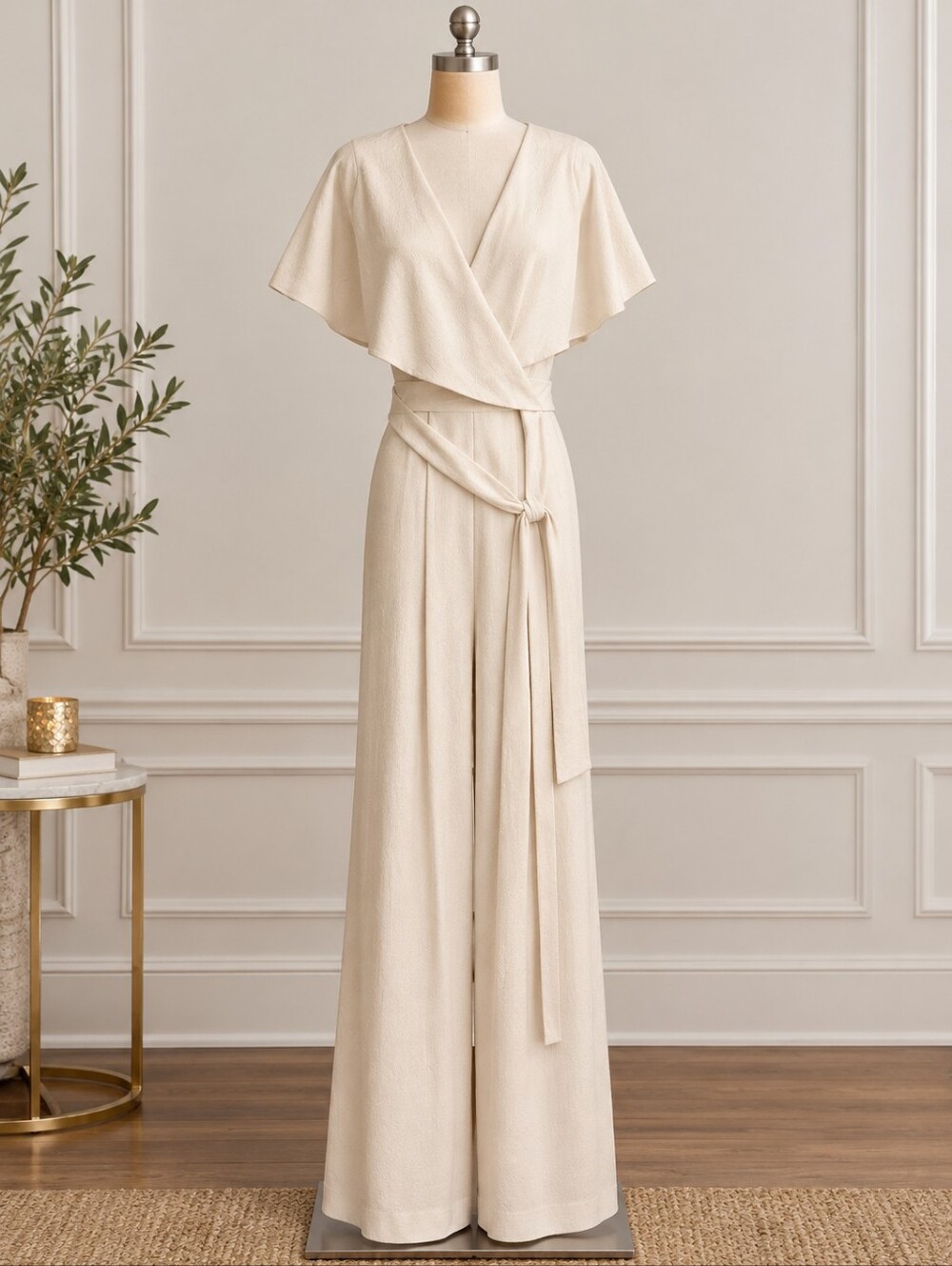 Alex Marie "Beth" Wrap Cape Sleeve Wide-Leg Jumpsuit Cream / Beige Sz 10